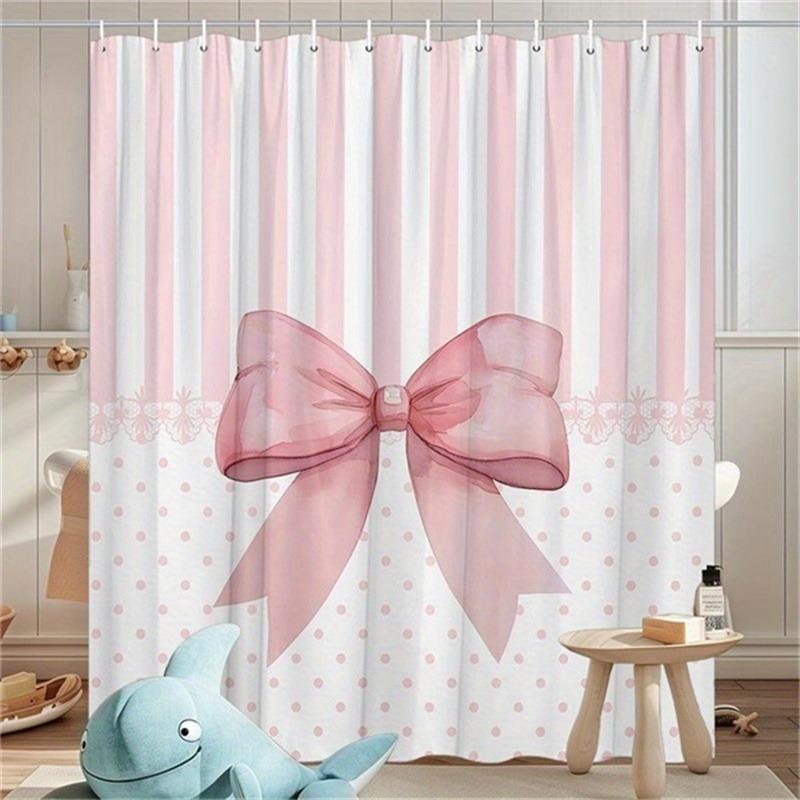 Pink Bow Tie Polka Dot Stripes Shower Curtain Washable Dirt-Resistant Shower Head Waterproof Polyester Bath Curtain