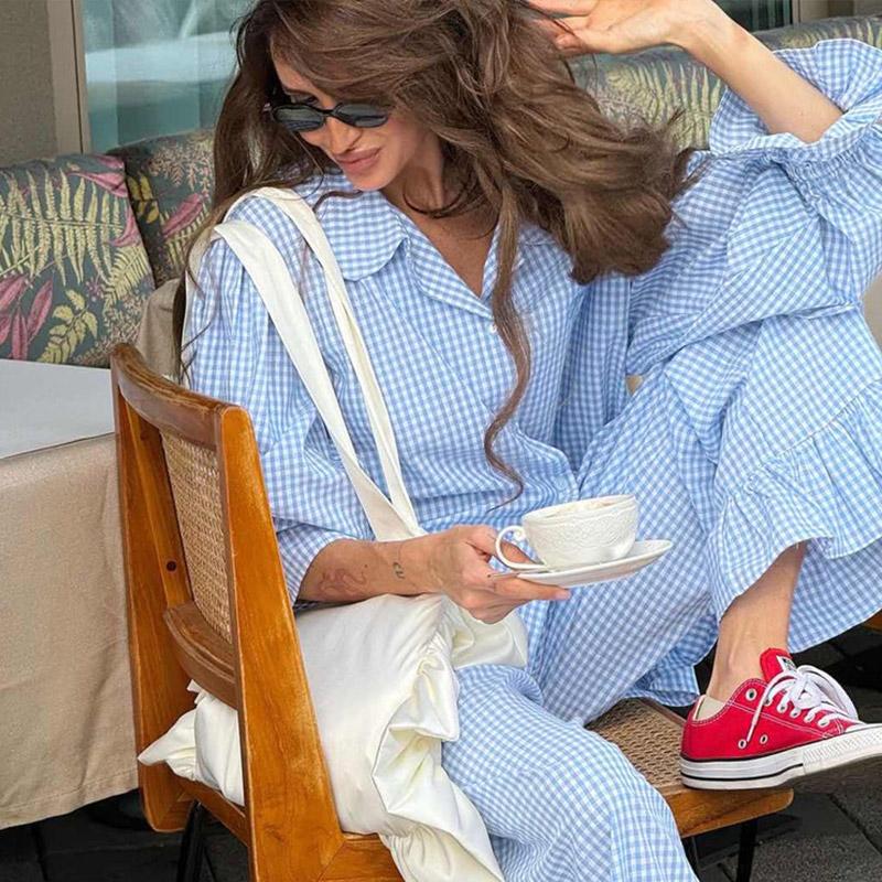Shirt Lotus Leaf Side Length Pants Two Piece Set Spring Women Long Sleeves Lapel Blouse+High Waist Loose Trousers Female Outfit
