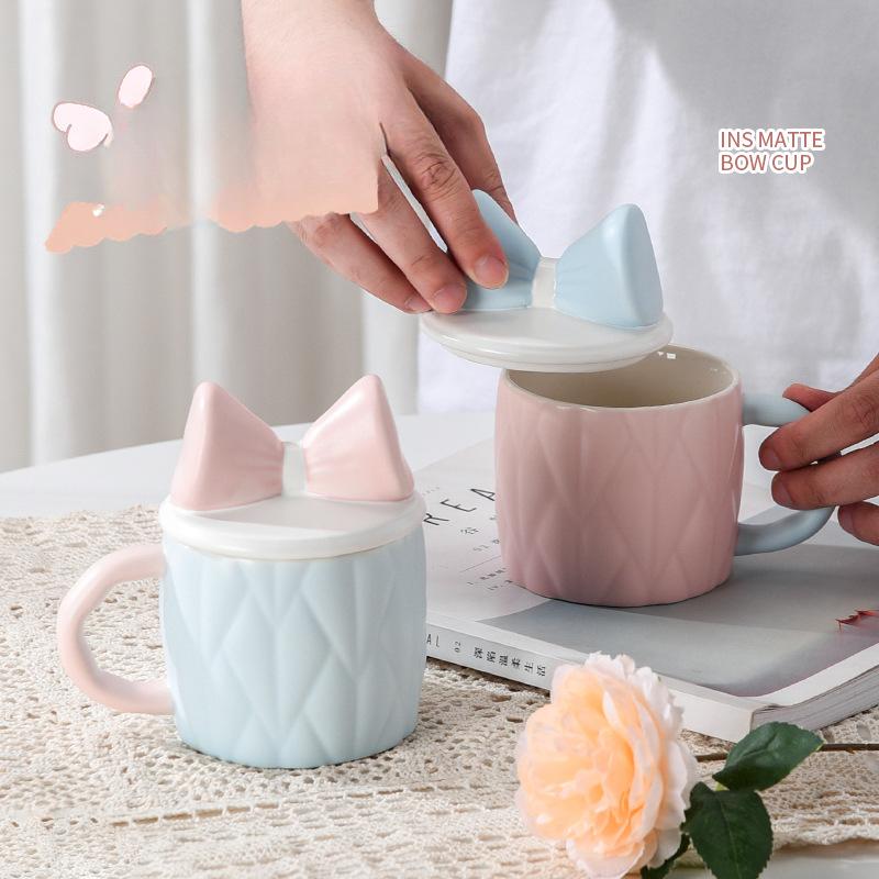 Matte Schleife Tasse Stil Keramiktasse Hochwertige Tasse mit Deckel Wasserbecher Geschenkbox für beste Freundin Tasse