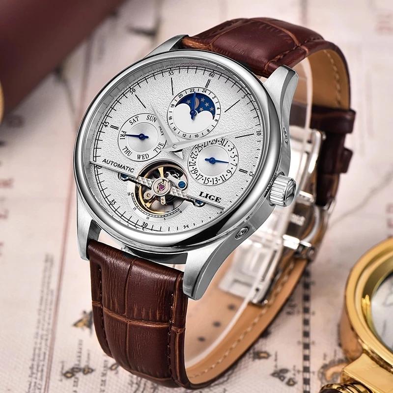 LIGE Brand Retro Mechanical Wristwatch Tourbillon Automatic Watch Sport Clock Leather Casual Business Men Watches Relojes Hombre