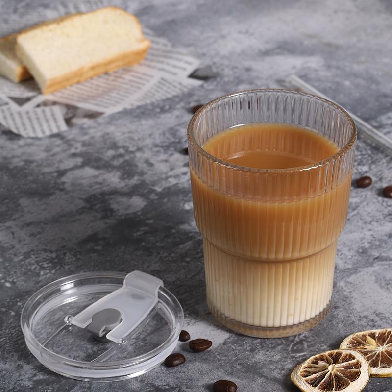 Vertical Striped Glass Coffee Cup with Straw, Double Wall, Lid, and Bamboo Seal - Business Gift Vertical Stripe Single Cup