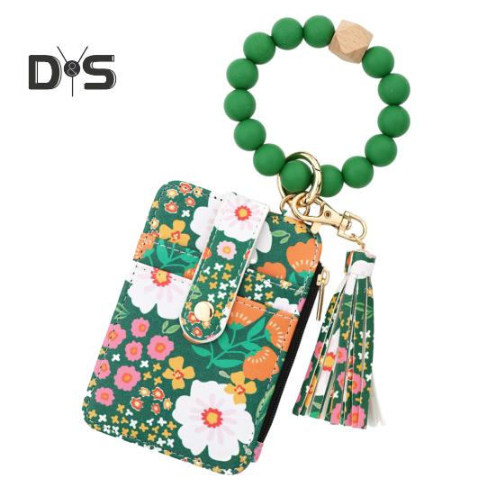 

Женский кошелек-кошелек с запястьем, держатель карт в стиле бохо, кошелек с цветочным принтом, бисерный брелок с кисточкой для ежедневных выходов в отпуск зелёный
