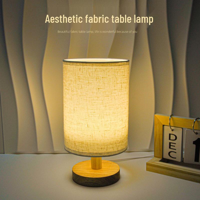 Nordic Solid Wood USB Table Lamp with Fabric Shade - LED Night Light for Bedroom & Study
