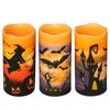 Flameless Flickering Candles Set of 3 Real Wax LED Pillar Candles Warm Light with Castle, Witch, Bats Decal Halloween Candles