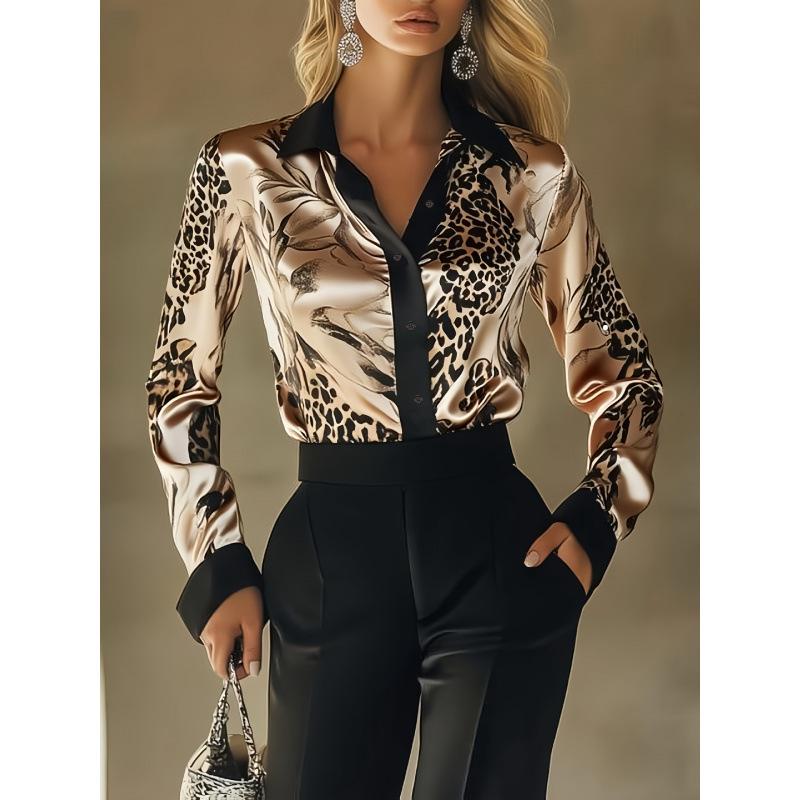 Articol 2026 Cămașă populară de toamnă nouă, din satin imprimat cu mâneci lungi pentru femei