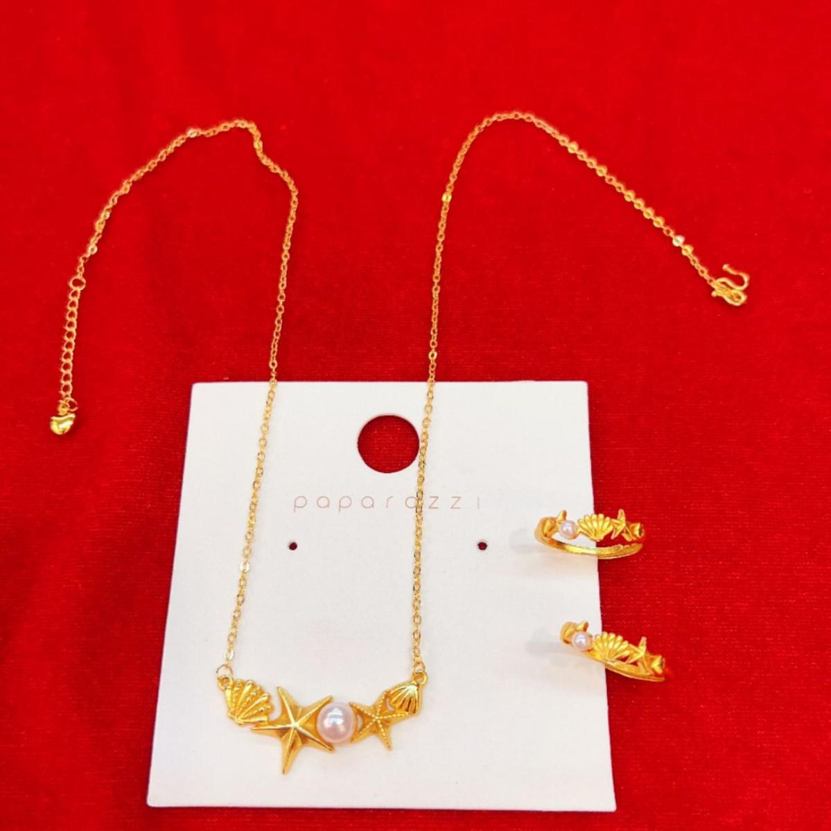 Zhou Family Ocean-Inspired Jewelry Set: Starfish Necklace, Ring & Freshwater Pearl Seashells in Gold. Starfish Ring