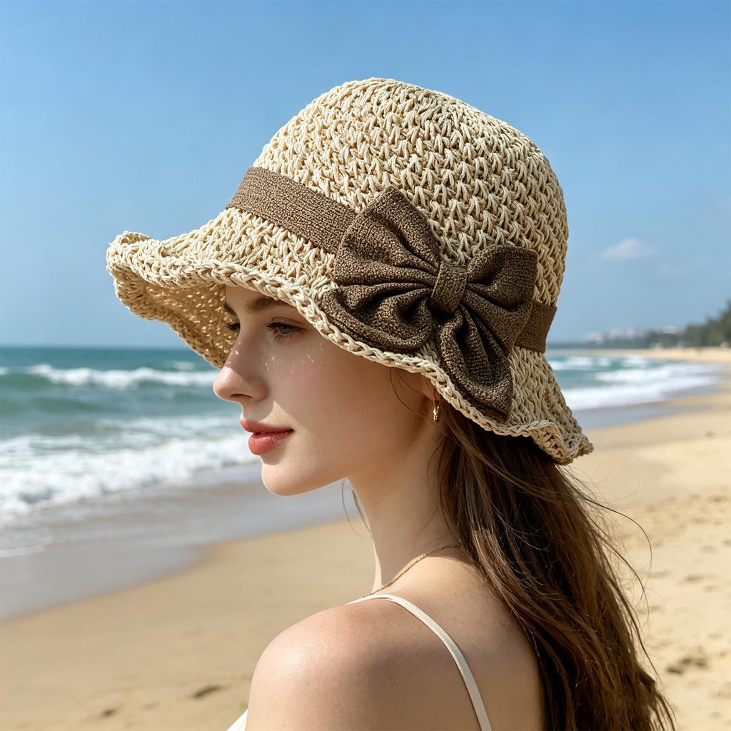 Women Foldable Fisherman Hat with Bowknot Casual Beach Sun Hat Lightweight Breathable Wide Brim Design Summer Style