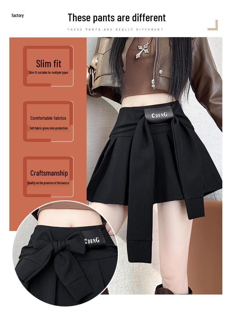 Design-Inspired High-Waisted Academic Pleated Mini Skirt with Bow Tie Strap for Women - Versatile, Anti-Exposure, Slimming