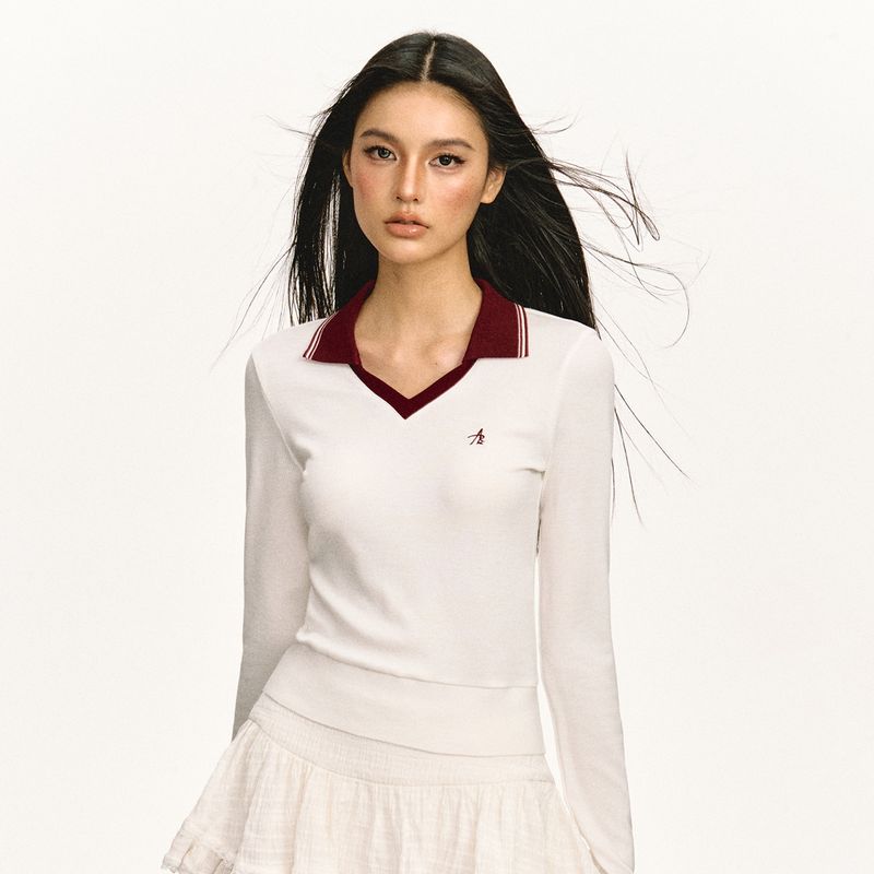 

Ariseism American Retro Contrast Color Lapels Long Sleeves T-Shirt Female 2025 Fall New Arrival Slim Fit Slimming Top White S