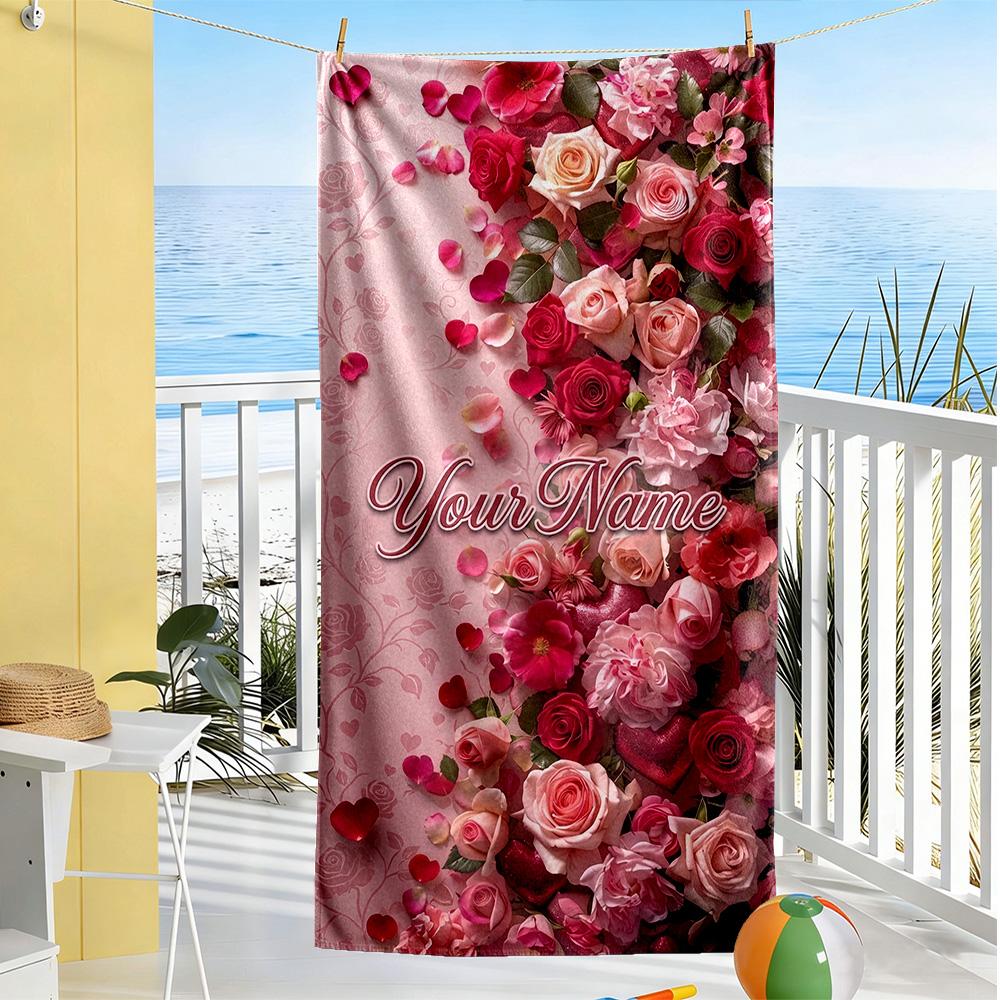 Rose Customized Name Beach Towel Super Soft & Absorbent Ideal for Travel Outdoor Swim Pool Yoga Surf Camping Hiking Gym Gift Holiday