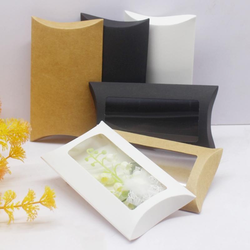 DIY Blank Paper Gift Box .Mutli Size Pillow Gift Box with Clear Pvc Window,kraft/white/black Paper Window Box for Gift 10pcs