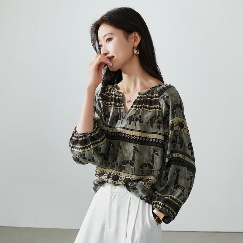 SOFSIL Women s Silk Round Neck Printed Loose Casual Shirt S