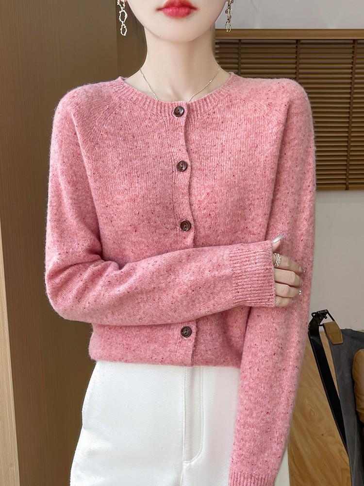 Women's Speckled Yarn Wool Cardigan - Loose Round Neck, Long Sleeve, Thick Knit Sweater for Autumn/Winter