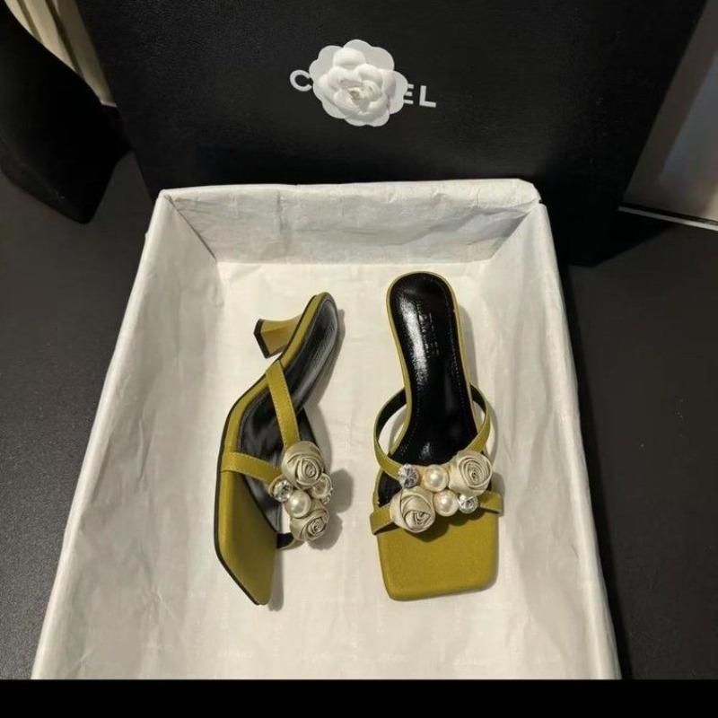 Flower High Heels Slippers Women Sandals Beaded Square Toe Shoes Summer Dress 2025 Sexy Elegant Open Toe Pumps Slides Sandalias