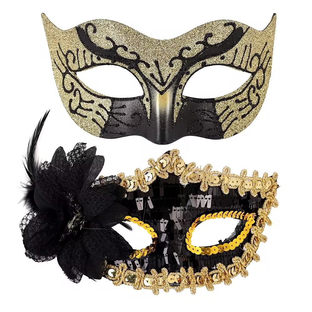 Venetian Painted Phantom Mask Halloween Carnival Party Jazz Half Face Mask Curved Horn Gold Glitter Decor Unisex