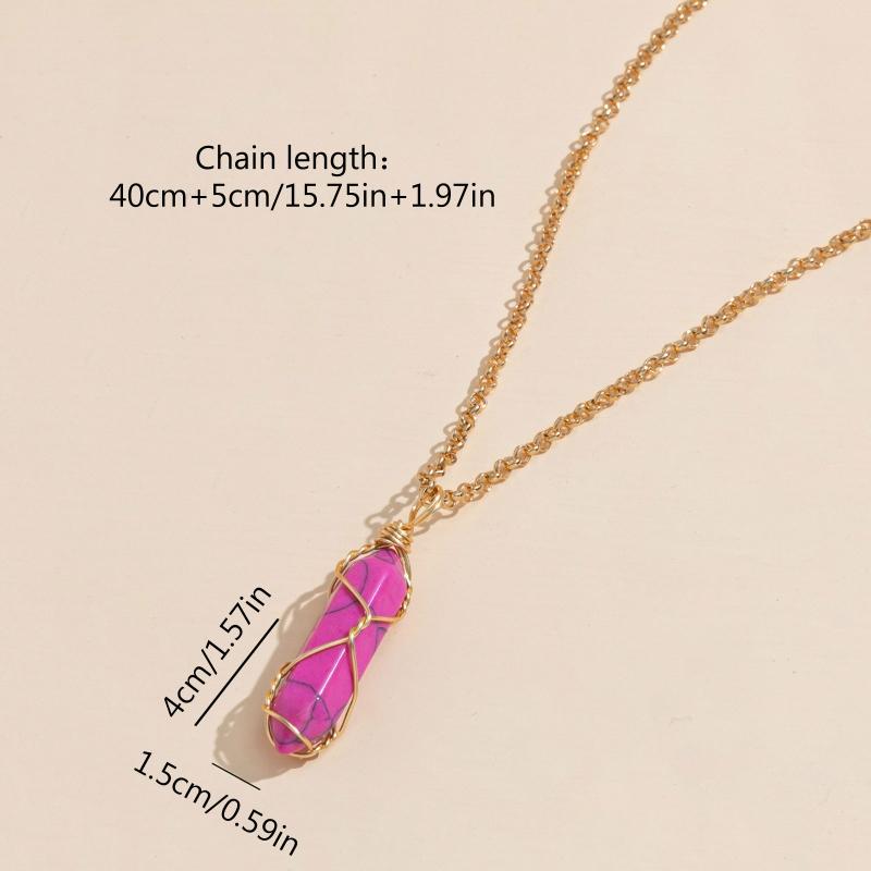 Wire Wrapped Hexagon Pillar Necklace Bullet Point Shaped Pendant Necklace Natural Stone Pendant Clavicle Chain Necklace