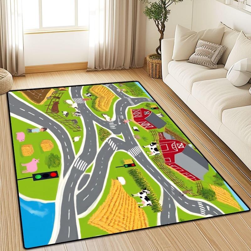 Farm Traffic Pattern Carpet Barn Animal Road River Print Living Room Mat Kids Cartoon Educational Home Decor Rug Soft Non-Slip
