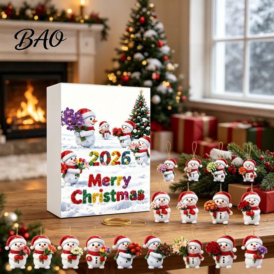 Holiday Gift Ideas Snowman Advent Calendar, 24Pcs Acrylic 2D Hanging Ornament Set Christmas Scene Decoration with Bouquet Flowers, Tree Decor,