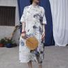 Johnature Vintage Stand Half Sleeve Dress For Women Chinese Style Print Ink Wash Painting Summer Dress