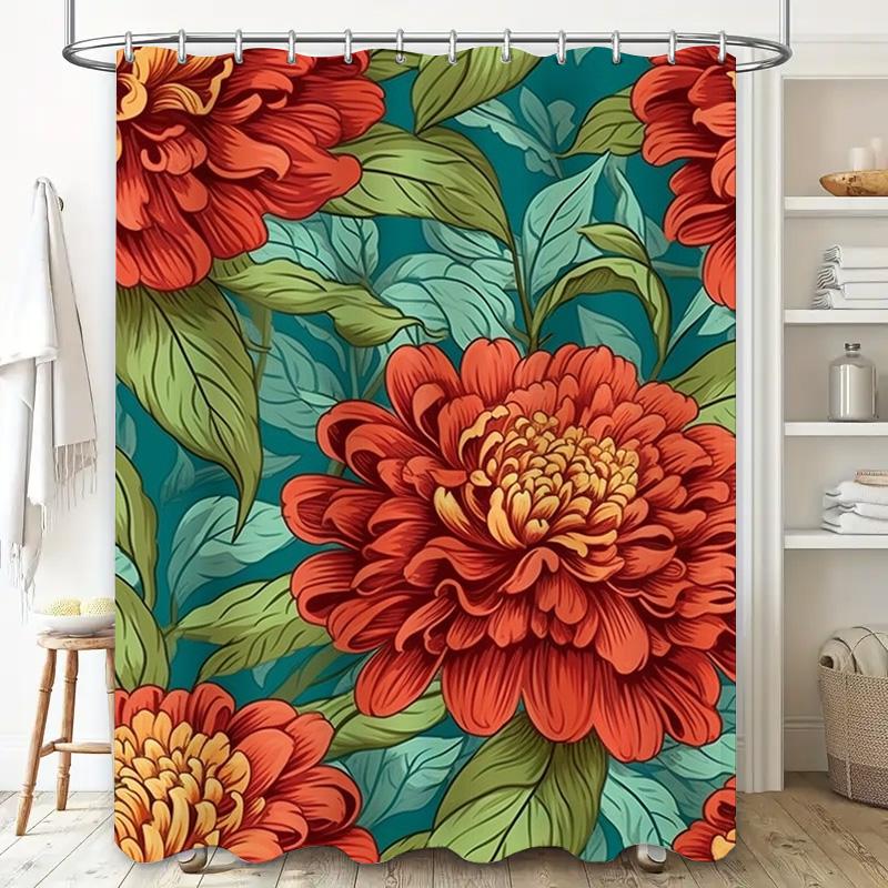 Modern Bathroom Shower Curtain with Floral Print, Waterproof Fabric for Bathtub Decorations Green, Orange (L) 70x180cm / 27.59 x