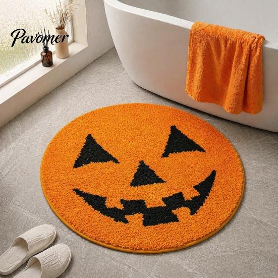 Stain Resistant Living Room Mat Halloween Pumpkin Bath Mat, Bathroom Rug with Non-slip Backing, Backing Area Soft Absorbent Black Cat for Home