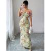 European and American new women's elegant French floral flower print one-word shoulder long hip dress