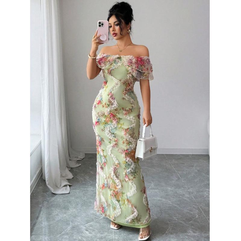 European and American new women's elegant French floral flower print one-word shoulder long hip dress