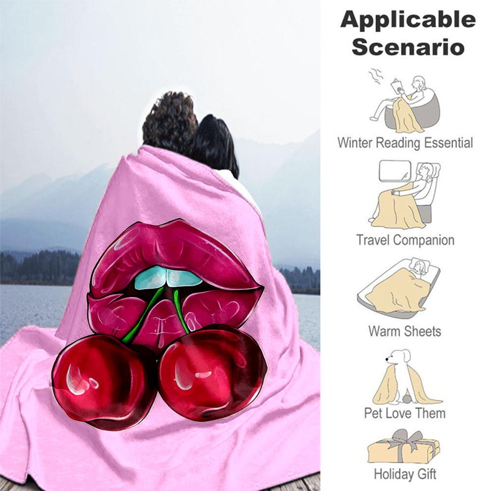 1pc Lips Cherry Outdoor Flannel Blanket Soft Warm All-Season Throw for Sofa Bed Car Camping Office, Cozy Gift Idea1122S