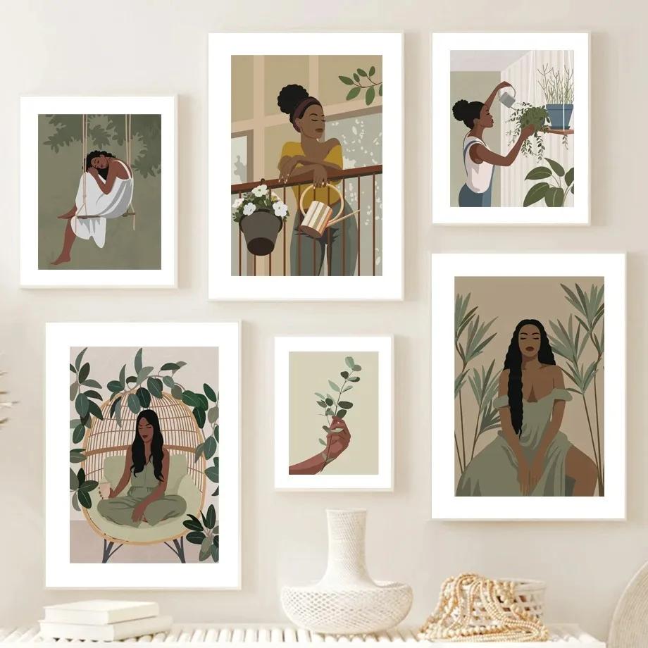 Abstract African Black Girl Swing Hand Flower Minimalist Wall Art Canvas Painting Posters for Living Room Modern Home Decor