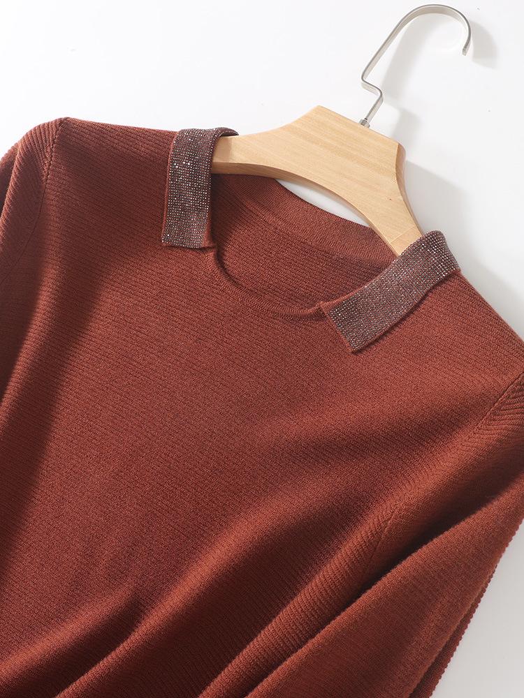 Small Lapel Fine Wool Knitted Pullover Sweater for Women - 2025 Autumn/Winter Collection, Solid Color, Loose Fit, Base Layer