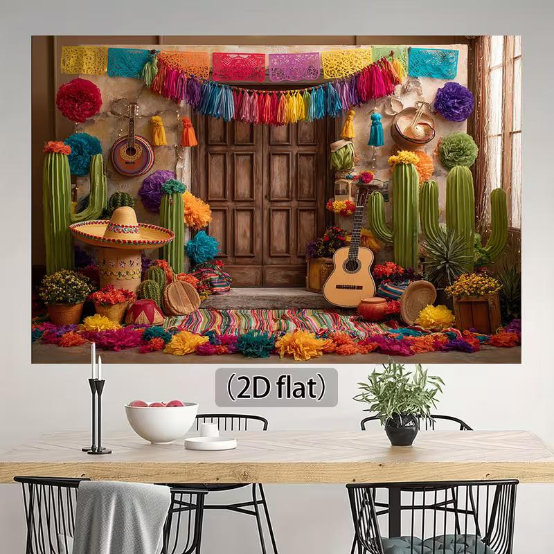2D Mexican Fiesta Backdrop, Cinco De Mayo Cactus Guitar Photography Background