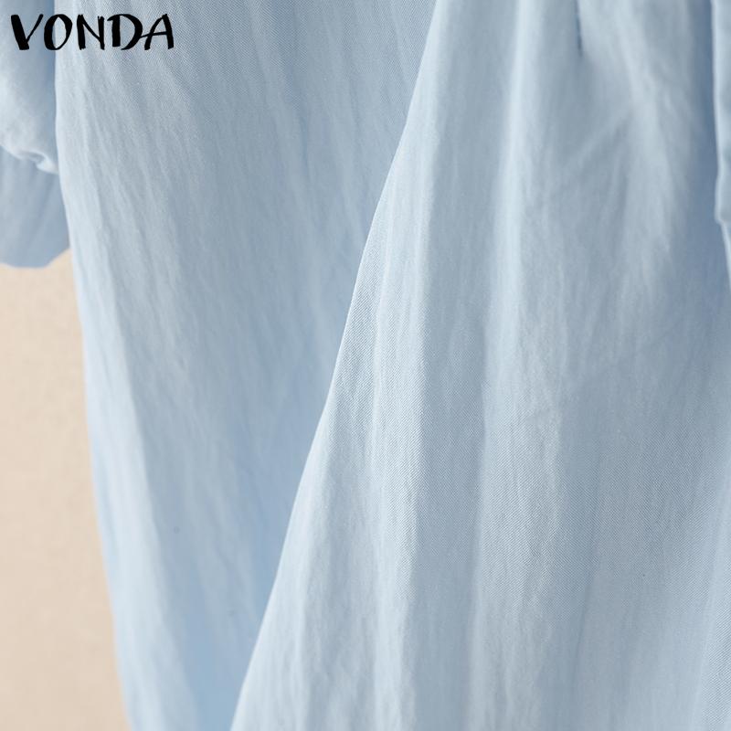 VONDA Elegant Women Puff Sleeve Ruffled Hem Patchwork Casual Blouse Tops