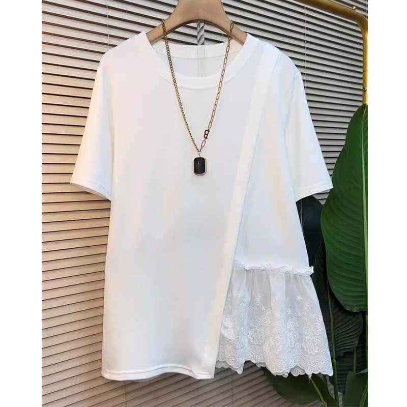 Fashion Large Size Lace Splicing Irregular Blosue Women Short Sleeved T-shirt for Women Summer New Loose Top Sweet Casual O Neck Covers White Shirts