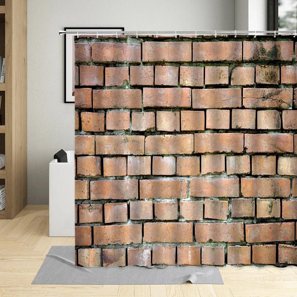 Stone Wall Brick Texture Shower Curtain Set Retro Geometric Red Gray White Bathroom Decor Bathtub Screen Curtains Polyester Hook