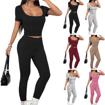 Women Two Piece Set Sexy Short Sleeve Top And Yoga Pant 2 Piece Outfits
