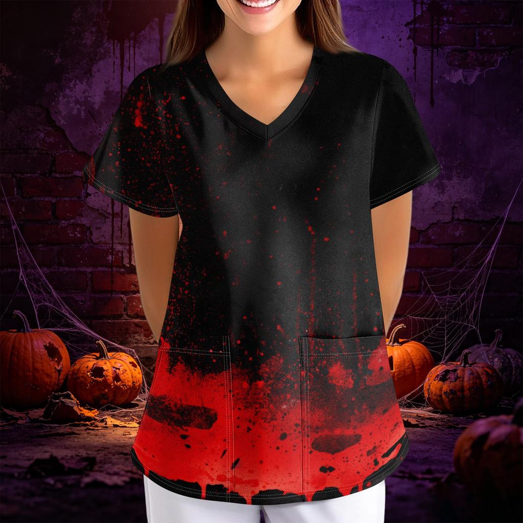 Women's Halloween Print Loose Fit V Neck Short Sleeve Scrub Top with Pockets Medical Uniform Workwear for Healthcare Professionals