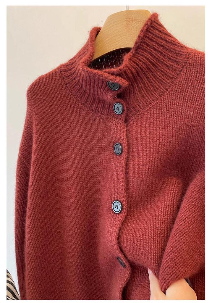 2025 Autumn/Winter Women's 100% Pure Wool High Neck Cardigan - Solid Color, Long Sleeve, Buttoned Wool Knit Sweater.
