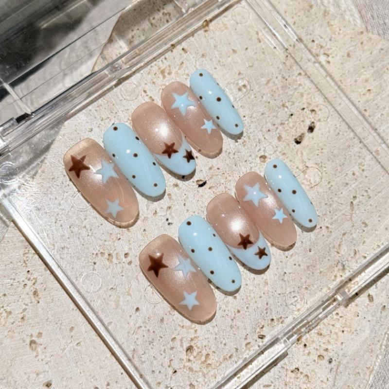 10Pcs Handmade Nude & Blue Cat Eye Fake Nails with Star Print & Polka Dot Accents XS