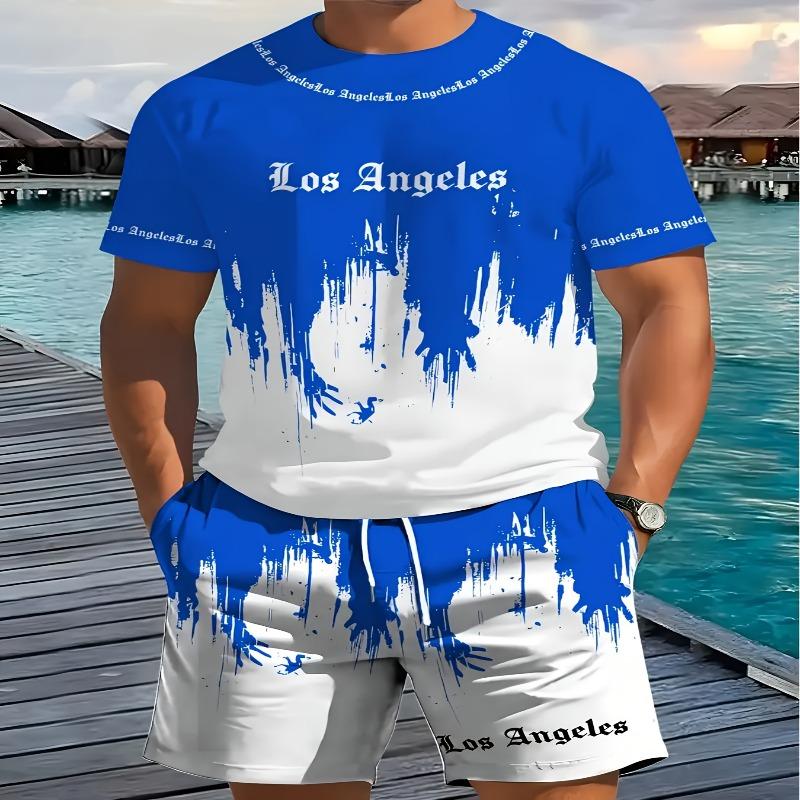 2-piece Set of New Casual Los Angeles Letter Print Men's Short-sleeved + Shorts, Breathable and Soft Summer Suit