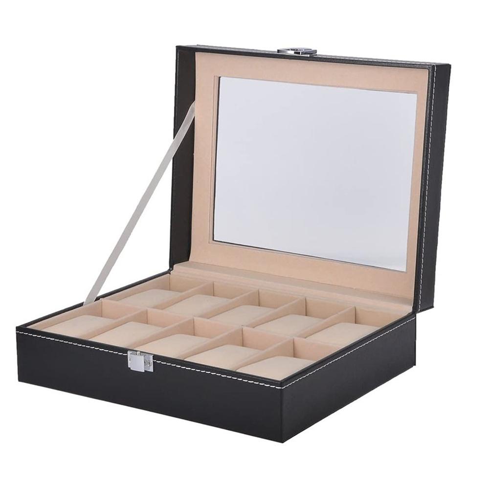 10-bit PU Leather Gray Flannelette Watch Case Box Organizer with Soft Pillow for Men Women Jewelry Display Storage Box Best Gift