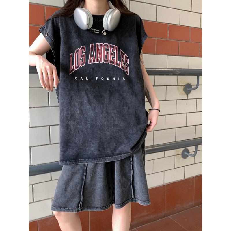 

Мужская выстиранная футболка без рукавов с эффектом потертости: Лето 2025, Американский студенческий стиль, Жилет из чистого хлопка, Свободного кроя One Size промывают черный