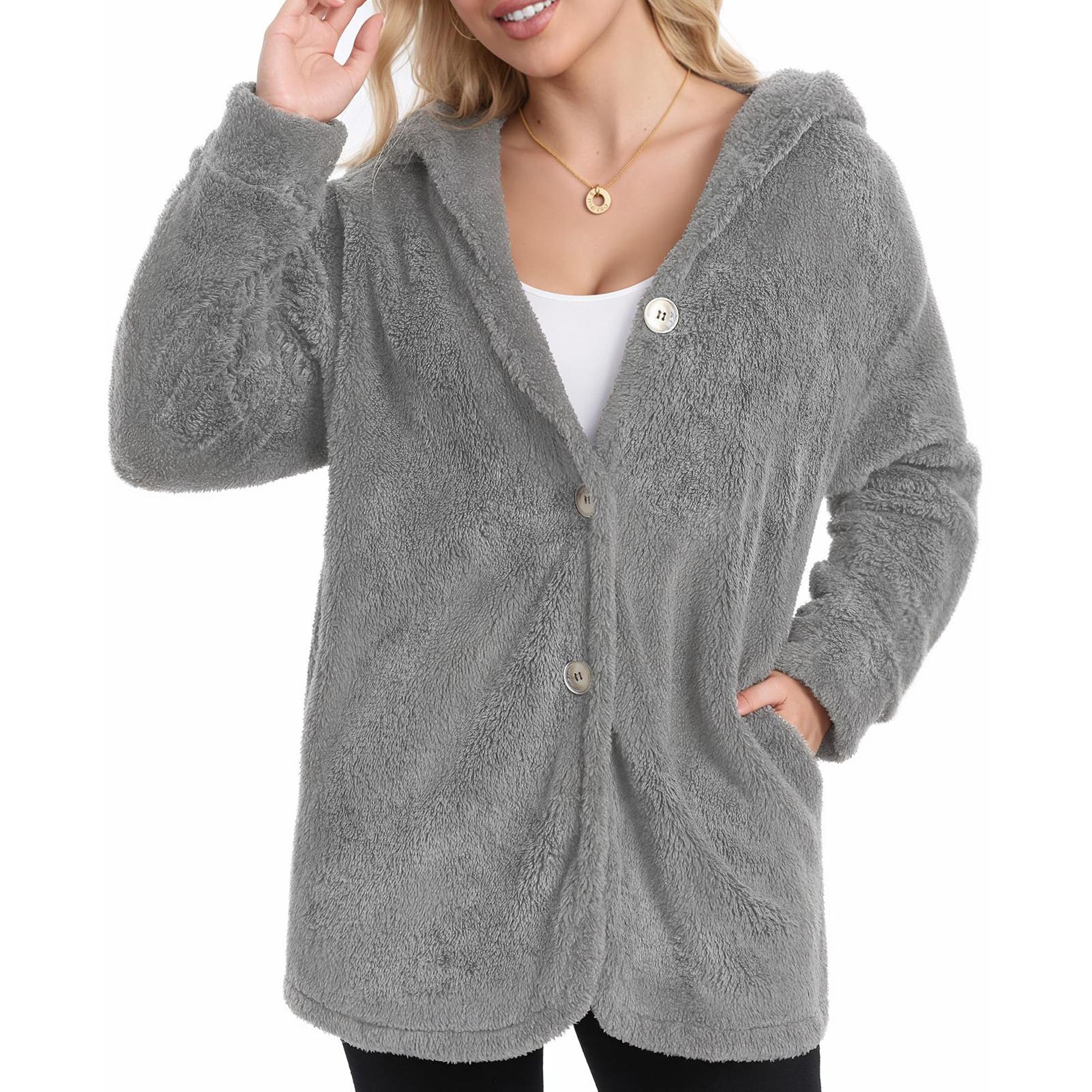 

Women s Fashionable Solid Color Long Sleeved Pocket Loose Hooded Button Plush Jacket XL