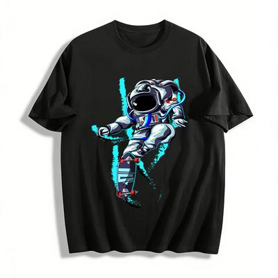 Astronaut Skateboarding Graphic Trendy Casual Short Sleeve T-Shirt Pure Cotton T-shirt