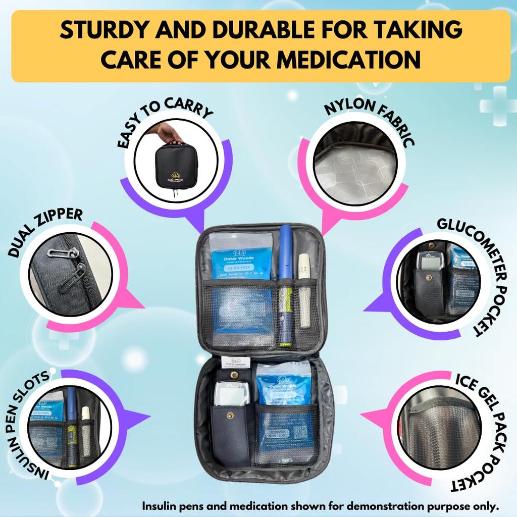 Outer Woods Insulin Cooling Travel Bag for Diabetics | Two Ice Gel Packs | Keep Insulin Cool and Safe for 6-8 Hours | Insulin Cooler Pouch Case (