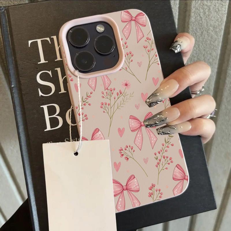 

Pink Flower bow Lychee Texture Phone Case For iPhone 17 16 15 14 13 12 11 Pro Max 14 15 Plus 17 Air X XS XR Soft Cover iPhone XR
