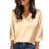 Womens 3/4 Length Sleeves Shirts V-Neck Satin Color Loose Dressy Trendy T-Shirt Pullover Blouse Tops