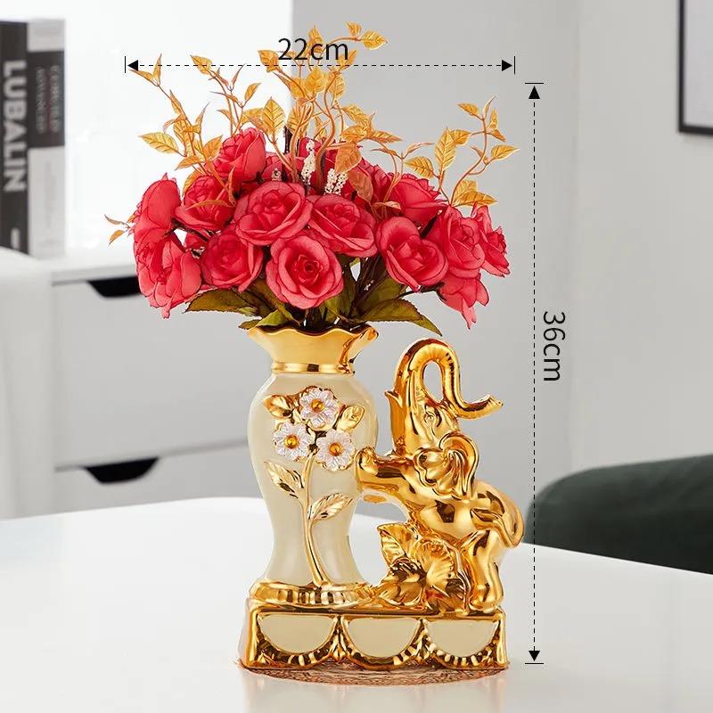 Keramik-Elefantenvase im europäischen Stil – Dekorative Figur mit künstlichen Blumen für Zuhause oder Tischplatte