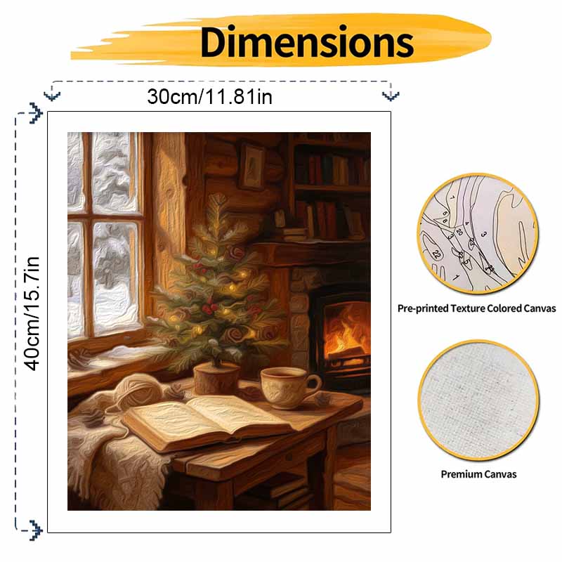 Christmas tree fireplace pine cones book cozy winter scenery digital painting oil painting art kit hand painting home decoration painting