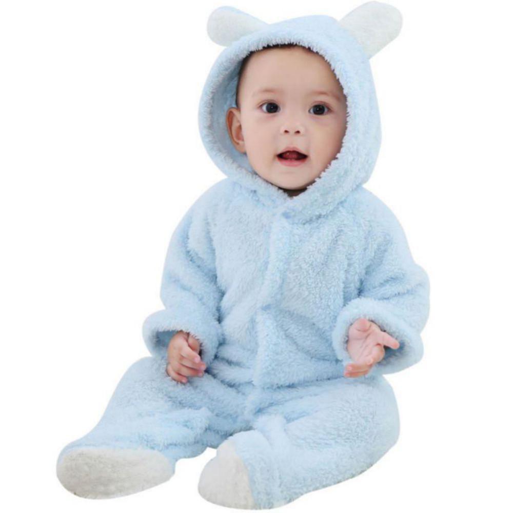 Adorable Hooded Coral Fleece Baby Romper - Long Sleeve, Warm Autumn/Winter One-Piece for Toddlers