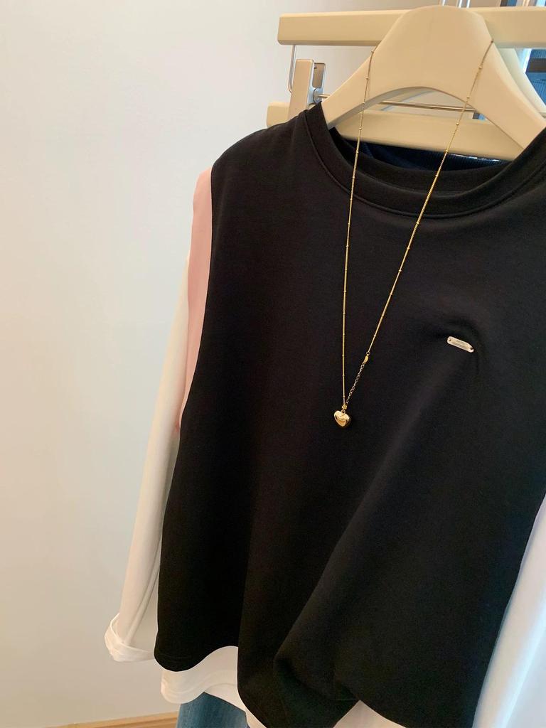 Women's Retro Color Block Long Sleeve Fake Two-Piece Top - Autumn/Winter Loose Fit